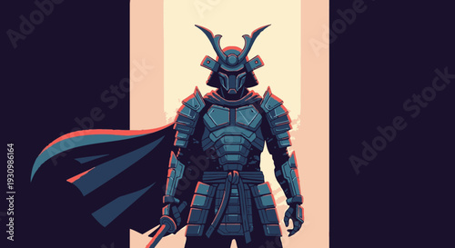 Samurai Warrior in Full Armor Standing.