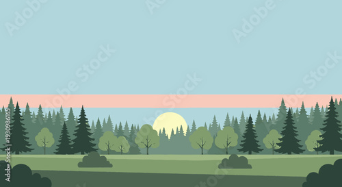 Serene Landscape with Trees and Sunset.