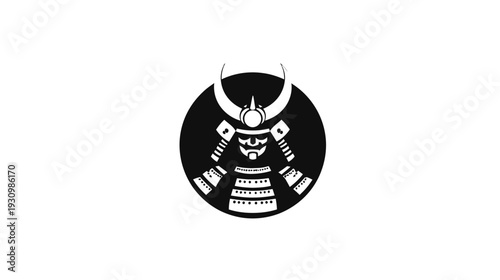 A striking monochrome emblem featuring a samurai helmet within a black circle on a white field