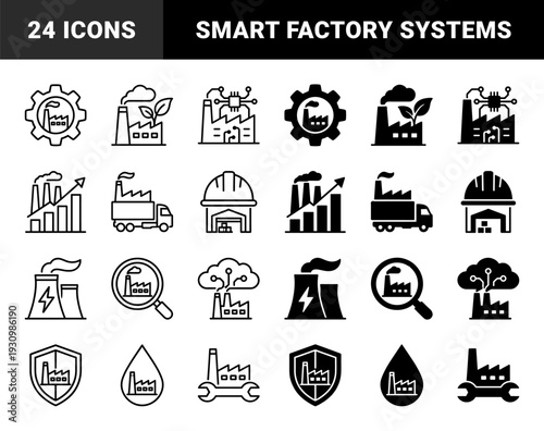 Industrial factory hybrid icons combining manufacturing plants with symbols for green energy biotechnology global logistics and smart automated production systems