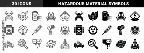 Hazardous Material Hybrid Icons Featuring Toxic Waste Barrels Combined With Data Circuits Biohazard Leaves And Radioactive Recycling Symbols