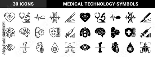 Medical technology and digital healthcare concept icons featuring hybrid designs merging biology with electronic components and data symbols