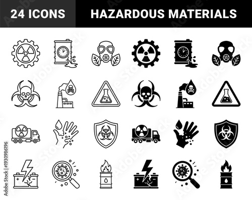 Hazardous Material and Environmental Risk Hybrid Symbols Featuring Radioactive Gears Contaminated Water and Toxic Waste Warning Designs in Outline and Solid Styles