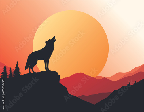 Wolf howling at sunset with silhouettes of horse and kangaroo in nature landscape