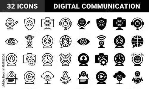 Hybrid webcam and digital communication icons featuring integrated metaphors for security surveillance global connectivity and media playback in dual line and solid styles