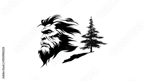Graphic black and white silhouette of a furry, bearded figure and a pine tree