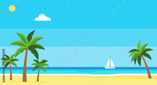 Tropical Beach Scene with Palm Trees.