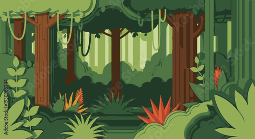 Tropical Forest Jungle Scene with Hanging Vines.