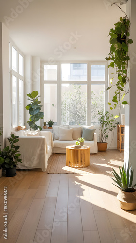 Cozy living room with plants and natural light  serene home interior