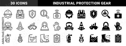 Industrial Safety and Occupational Health Management Symbols Featuring Hybrid Gear Integration with Monitoring Data and Protective Equipment Elements