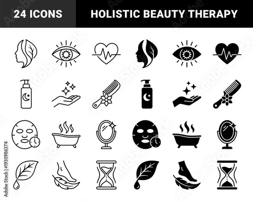 Skincare and holistic wellness symbols featuring hybrid organic metaphors such as leaf silhouettes with profile faces and honeycombs with protective shields