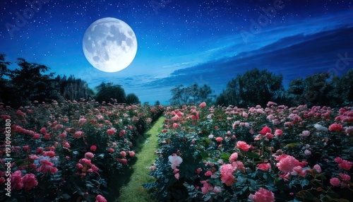 Enchanting moonlit garden path with roses under a starry sky.
