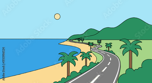 Winding Road Along Tropical Beachside Landscape.