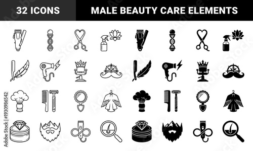 Barber shop hybrid symbols featuring hair clipper infinity sign mountain beard and DNA barber pole in both outline and solid silhouette styles