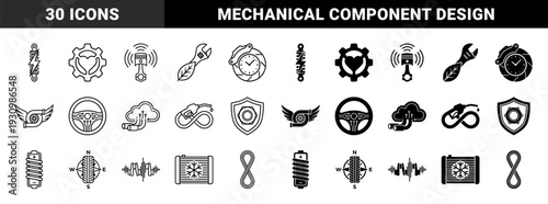 Hybrid automotive engineering and mechanical component symbols merging vehicle parts with conceptual energy efficiency and performance metaphors