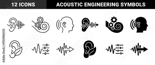 Hybrid auditory processing and sound engineering icons combining human ear anatomy with clock gears leaf foliage and equalizer wave symbols