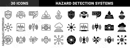Comprehensive security and environmental monitoring symbols featuring hybrid combinations of motion sensors fire detection and climate control indicators
