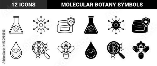 Biotechnology and advanced skincare ingredient icons featuring laboratory flasks with leaves plus molecular structures and botanical extract capsules