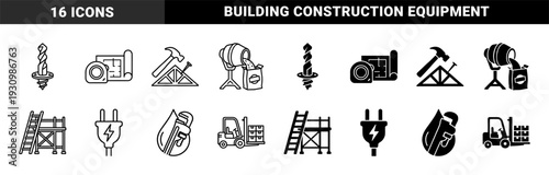 Construction and Industrial Engineering Hybrid Symbols Featuring Outline and Solid Dual Styles for Building Infrastructure and Maintenance Projects