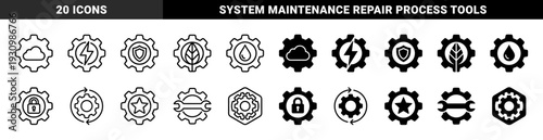 Hybrid industrial gear symbols merging mechanical cogwheels with cloud computing energy lightning nature leaf water drop and security lock elements