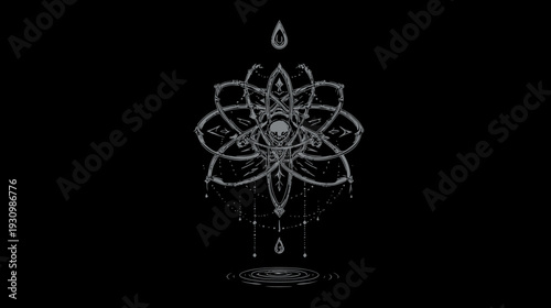 A gray abstract design on black. Intricate floral and skull elements evoke a sense of mystique