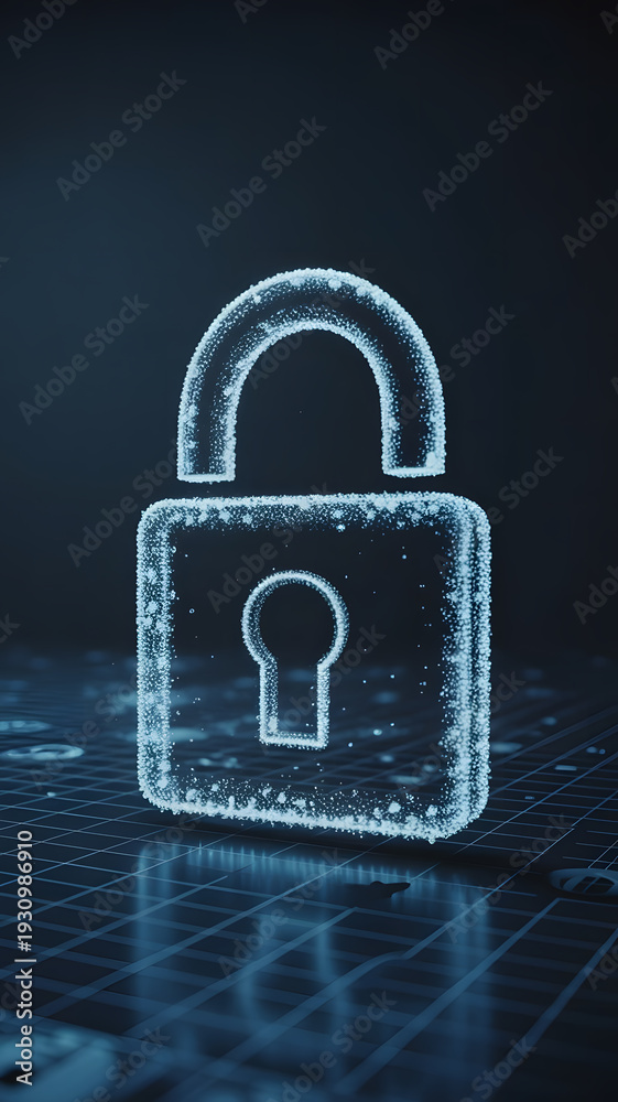 Fototapeta premium Glowing blue digital padlock on grid surface