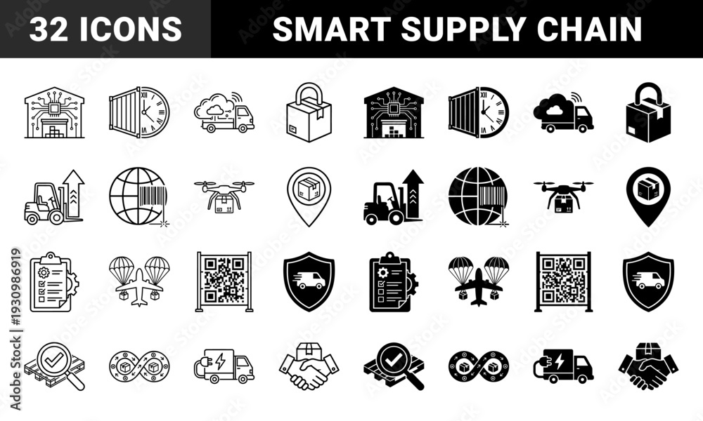 Obraz premium Hybrid Logistics and Supply Chain Icons Featuring Smart Warehouse Circuits Cargo Container Clocks and Electric Delivery Vehicles in Outline and Solid Styles