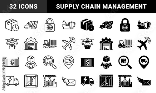 Hybrid Logistics and Supply Chain Management Icons Featuring Green Energy Delivery Trucks Cargo Ship Protection and Smart Warehouse Monitoring Symbols