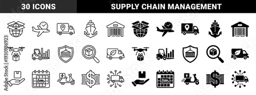 Logistics and Supply Chain Management Symbols Featuring Hybrid Concepts Like Eco Friendly Delivery Truck Global Shipping Globe and Drone Package Transport