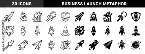 Hybrid rocket symbol collection merging spacecraft with pencil lightbulb gear leaf heart clock diamond chain and currency for business startup growth