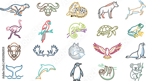 Colorful collection of stylized line art icons representing various beautiful wild animals