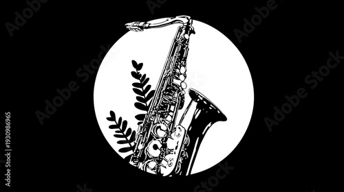 A black and white illustration of a saxophone inside a white circle with sprigs of leaves