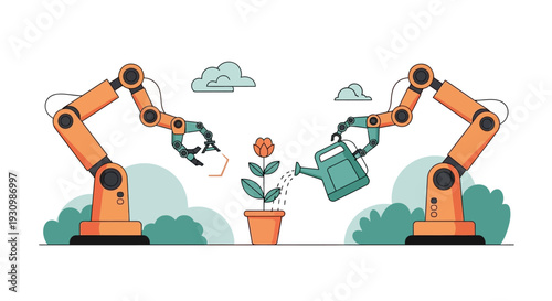 Robots watering flower plant.