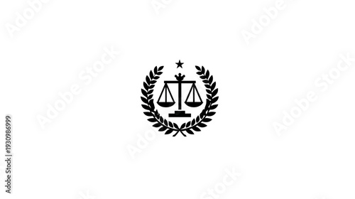 A simple black law symbol set inside a wreath and crowned with a star on a white background