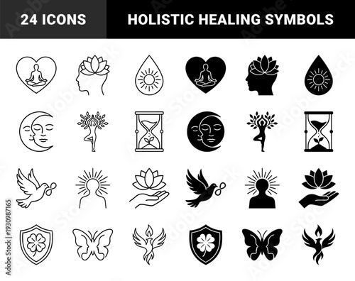 Mindfulness and spiritual wellness symbols featuring hybrid concepts like meditating figures in hearts and lotus flowers merged with human profiles