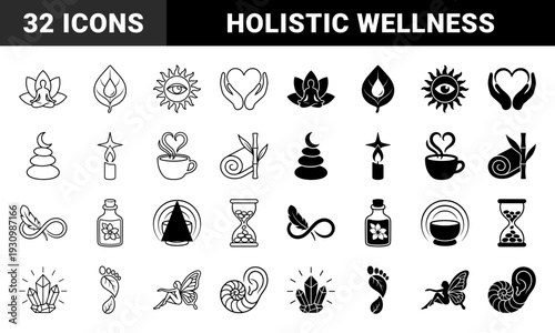 Wellness and spirituality hybrid symbol collection featuring zen stone moon meditation lotus leaf water drop and celestial eye sun designs in line and solid styles