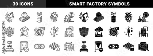 Industrial manufacturing and logistics hybrid symbols featuring robotic arm with leaves factory cloud data and gear heart machinery in outline and glyph style