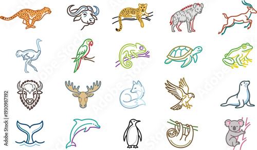 Colorful collection of stylized line art icons representing diverse wild animals from various habitats.
