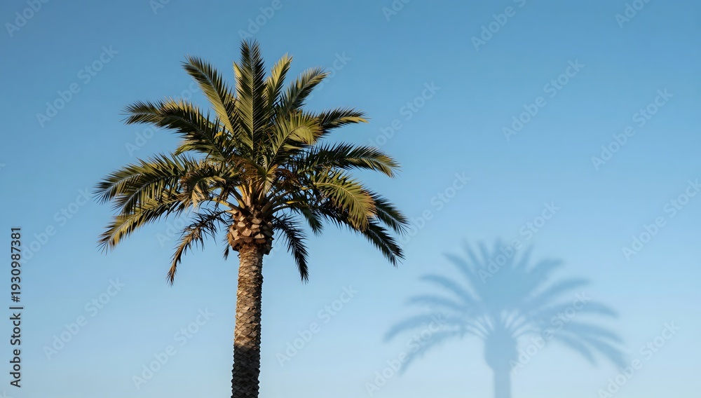 Fototapeta premium Solitary palm tree stands tall against a clear blue sky with its shadow nearby