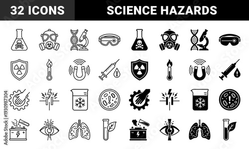 Biotechnology and hazard safety icons featuring hybrid concepts like DNA microscope merging radiation shield and chemical flask symbols with dual outline solid style