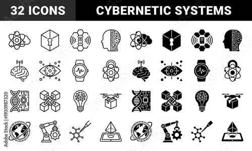 Biotechnology and cybernetic engineering icons featuring hybrid designs of neural networks genetic structures robotic automation and digital surveillance
