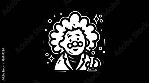 Whimsical illustration of a scientist with big hair, holding a beaker. Stylized in monochrome