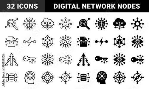 Data Intelligence and Network Security Hybrid Symbols Featuring Integrated Circuit Nodes with Analytical Magnifier Shield Cloud and Biometric Eye