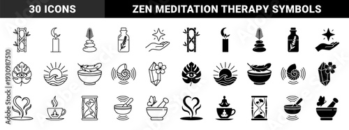 Zen wellness and holistic health hybrid symbols featuring bamboo infinity loops moon candles stone stacks and herbal medicine bottle line art