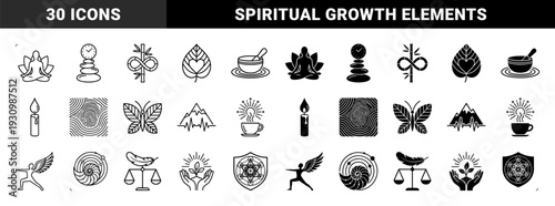 Mindfulness and Wellness Hybrid Symbols Featuring Zen Stone Clock Combinations Bamboo Infinity Loops Leaf Heart Motifs and Winged Yoga Figures