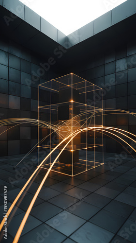 Glowing neon wireframe cube in modern room with tiled walls and floor
