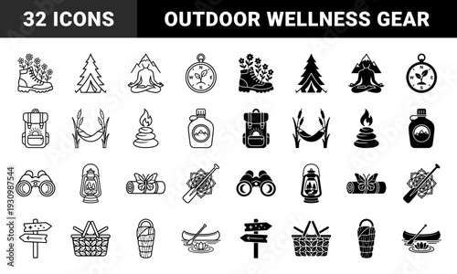 Outdoor adventure and nature wellness hybrid symbols featuring camping gear integrated with floral elements mountain vistas and spiritual meditation motifs