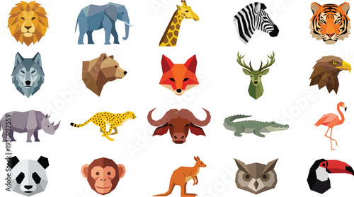 Collection of vibrant low poly style geometric illustrations featuring various wild animals and creatures.