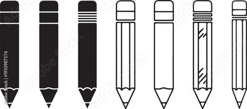 Collection of pencil icons, solid silhouettes and outline drawings, writing tools, school supplies, stationery items, artist drawing tools