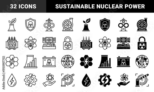 Sustainable nuclear energy and clean power grid icons featuring hybrid symbols of atomic reactors merged with green leaves and renewable electricity concepts